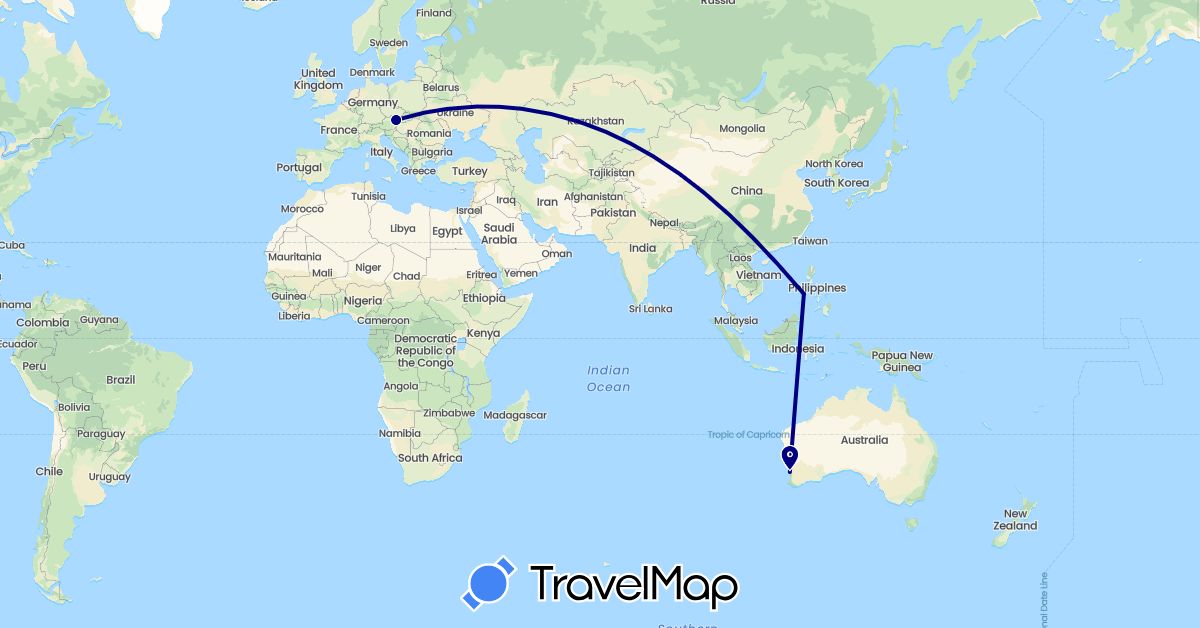 TravelMap itinerary: driving in Austria, Australia, Philippines (Asia, Europe, Oceania)